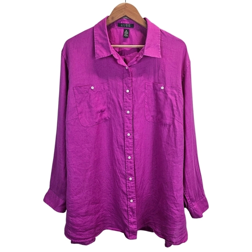 Lauren Ralph Lauren Womens Linen Button Up Shirt 3X Pink Casual Relaxed Beachy